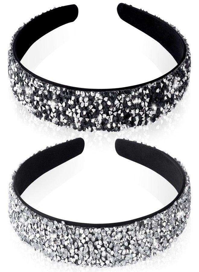 Mxxipp 2Pcs Rhinestone Headbands Crystal Sparkly Jewel Bling Glitter Diamond Headband Wide Padded Hair Bands Hair Accessories, Black + Silver - Image 1